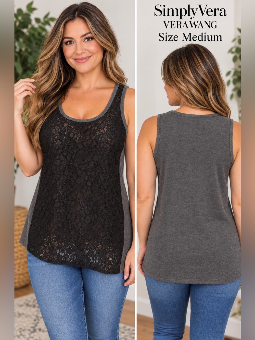 Simply Vera Vera Wang Black Lace Front Tank Top Gray Size Medium